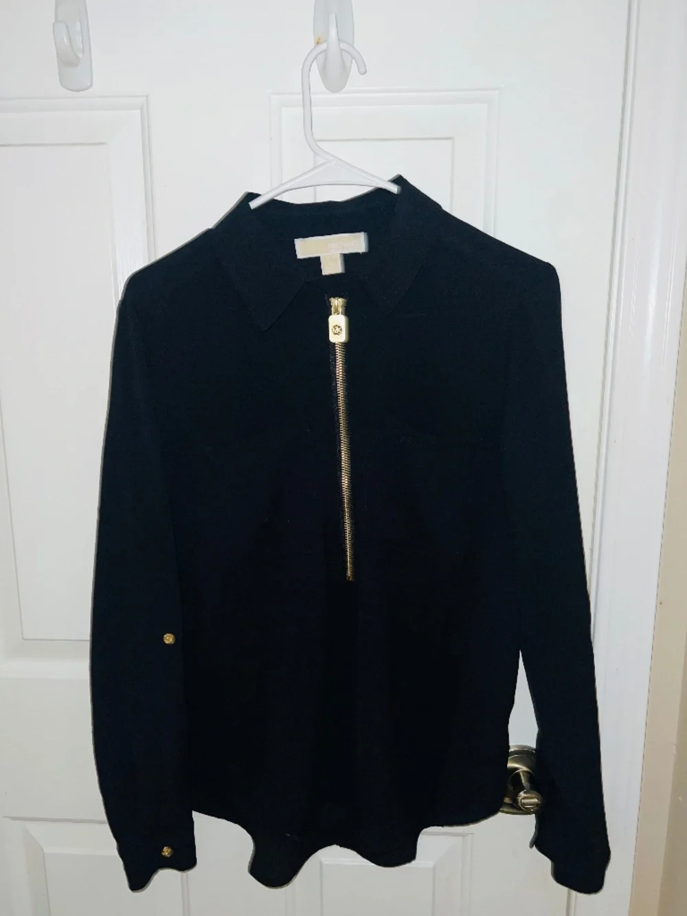 Michael Kors Black Gold Half Dog Tag Zip Blouse with Roll Up Sleeves Size Medium